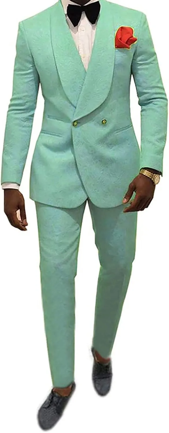 Men's Suit 2 Pieces Slim Fit Jacquard Suits Double-Breasted Blazer Groom Tuxedos Prom Turquoise Suits
