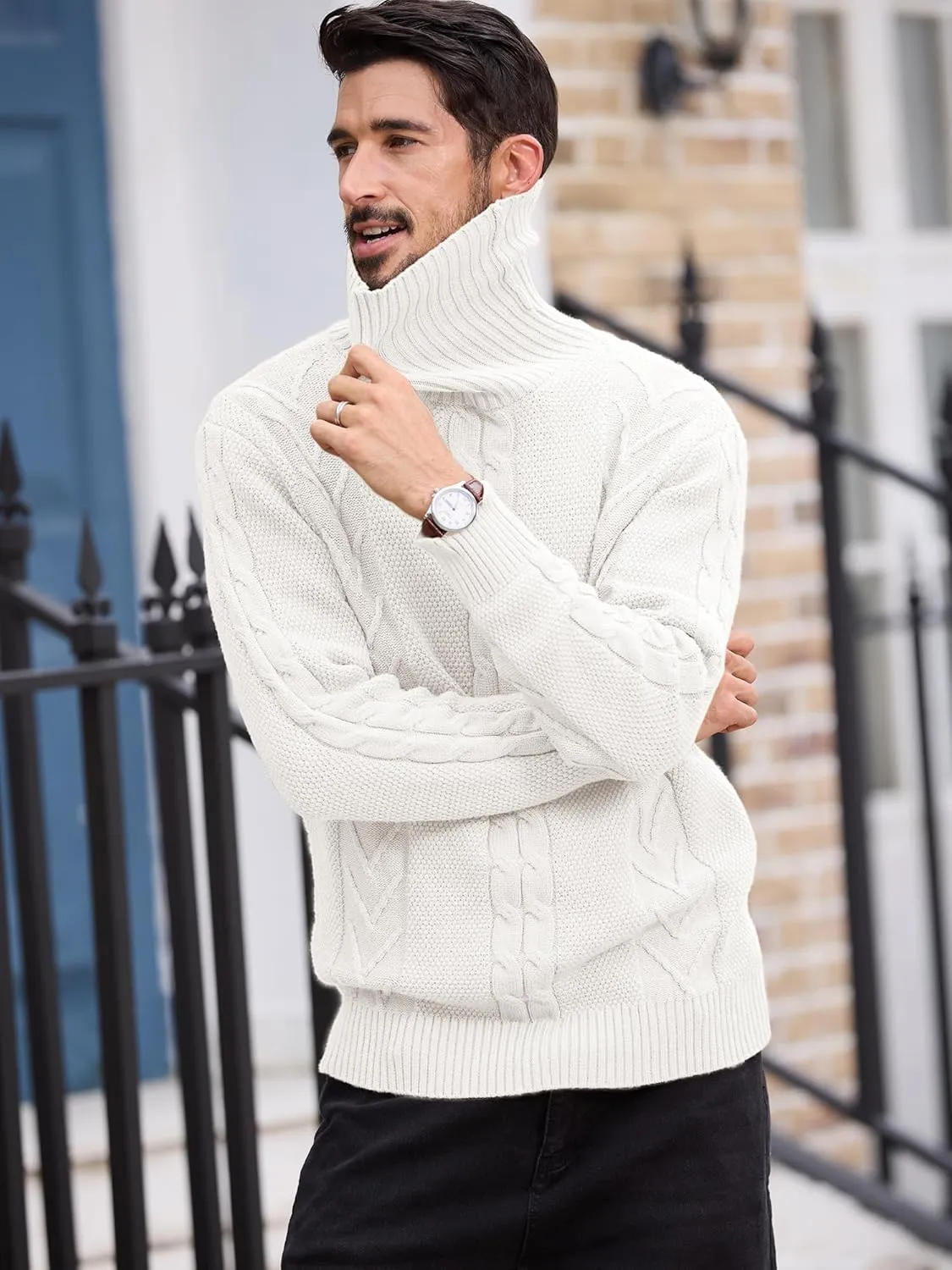 Men's Turtneck Pullover Sweaters Cable Knit Casual Pullover Sweater