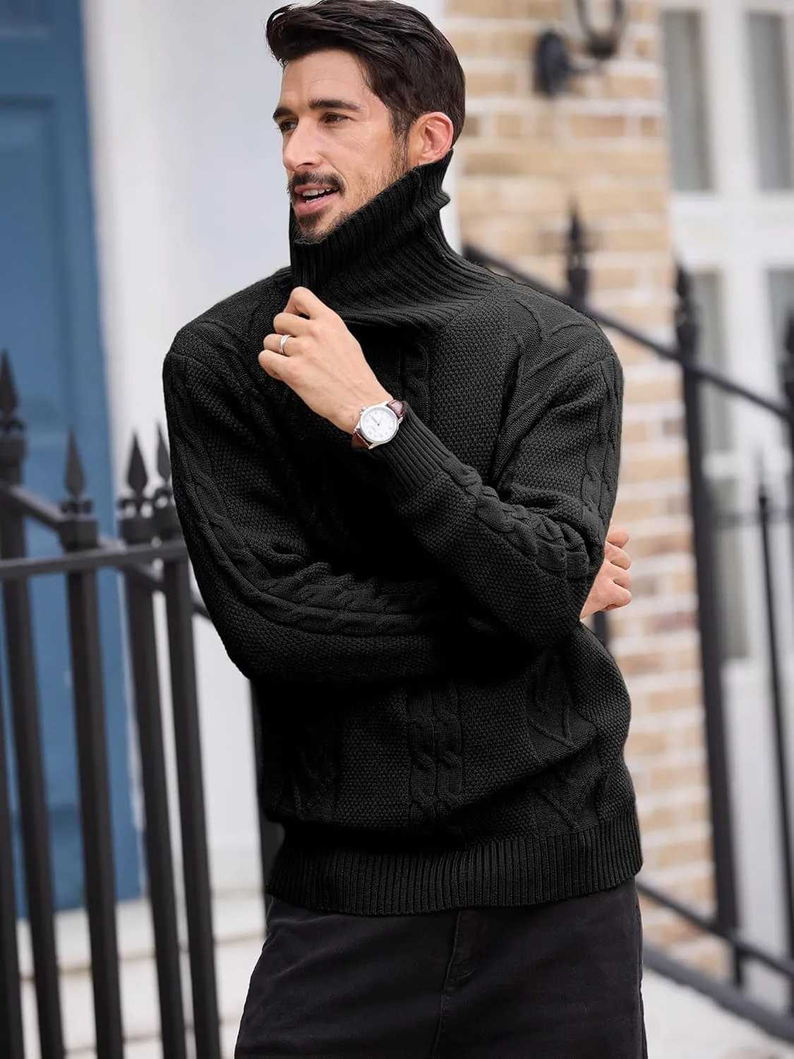 Men's Turtneck Pullover Sweaters Cable Knit Casual Pullover Sweater