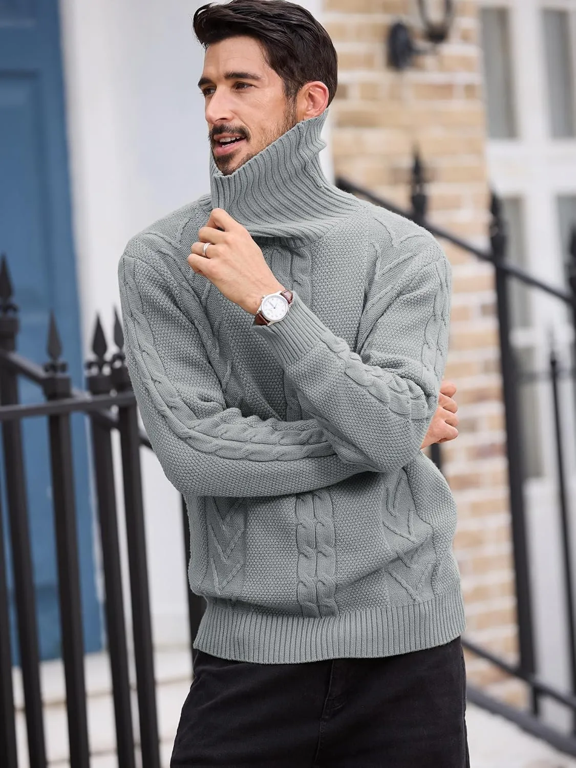 Men's Turtneck Pullover Sweaters Cable Knit Casual Pullover Sweater