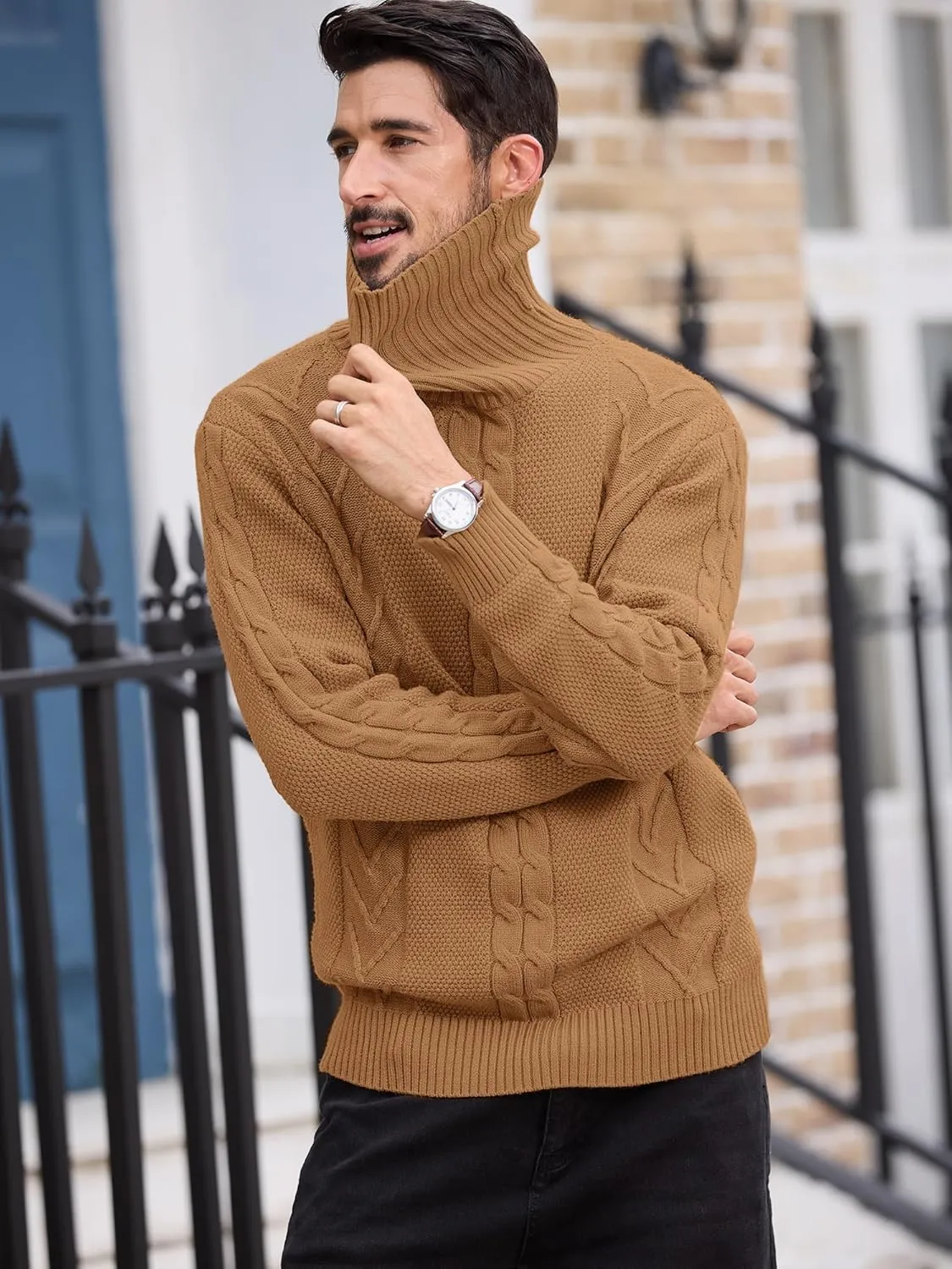 Men's Turtneck Pullover Sweaters Cable Knit Casual Pullover Sweater