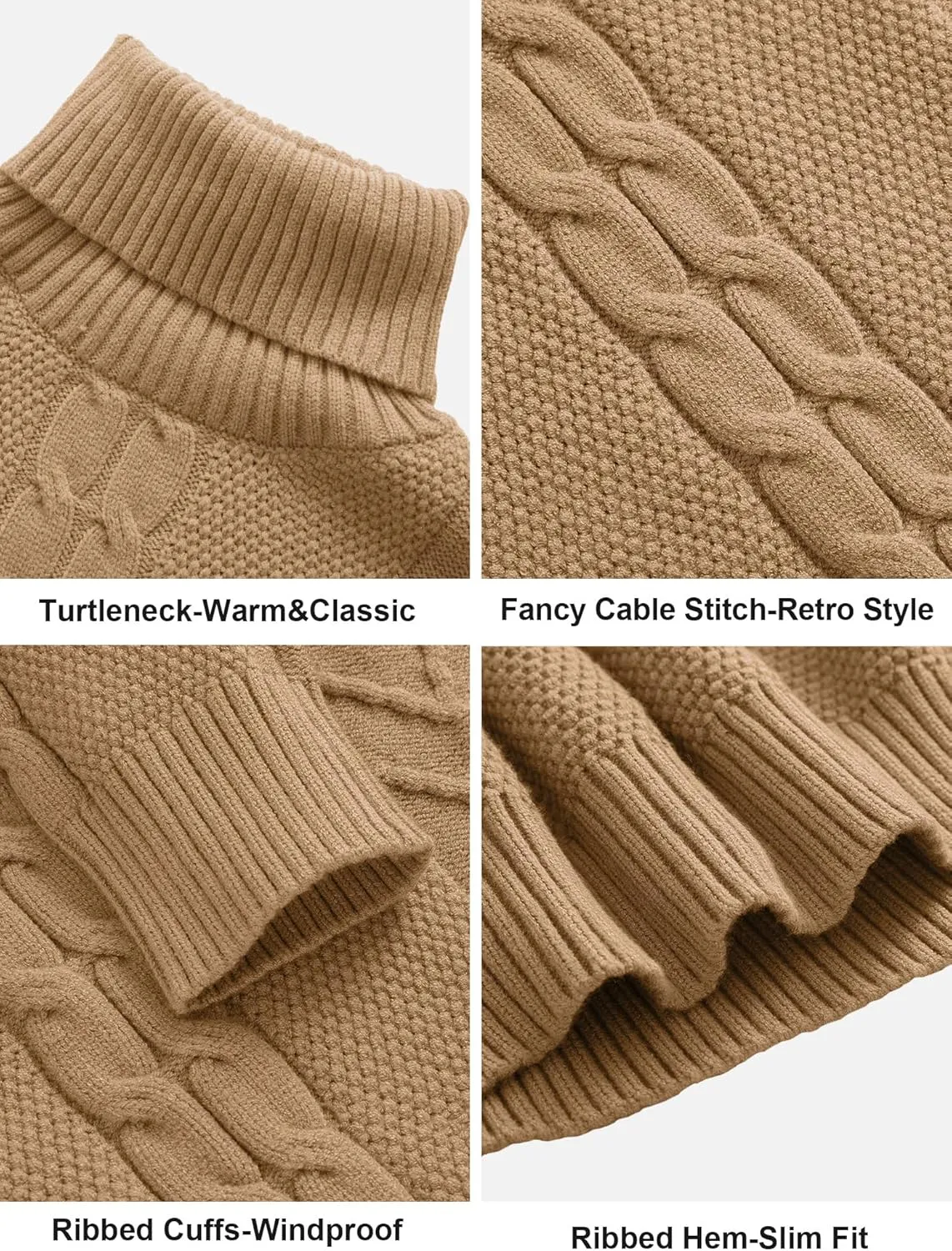 Men's Turtneck Pullover Sweaters Cable Knit Casual Pullover Sweater
