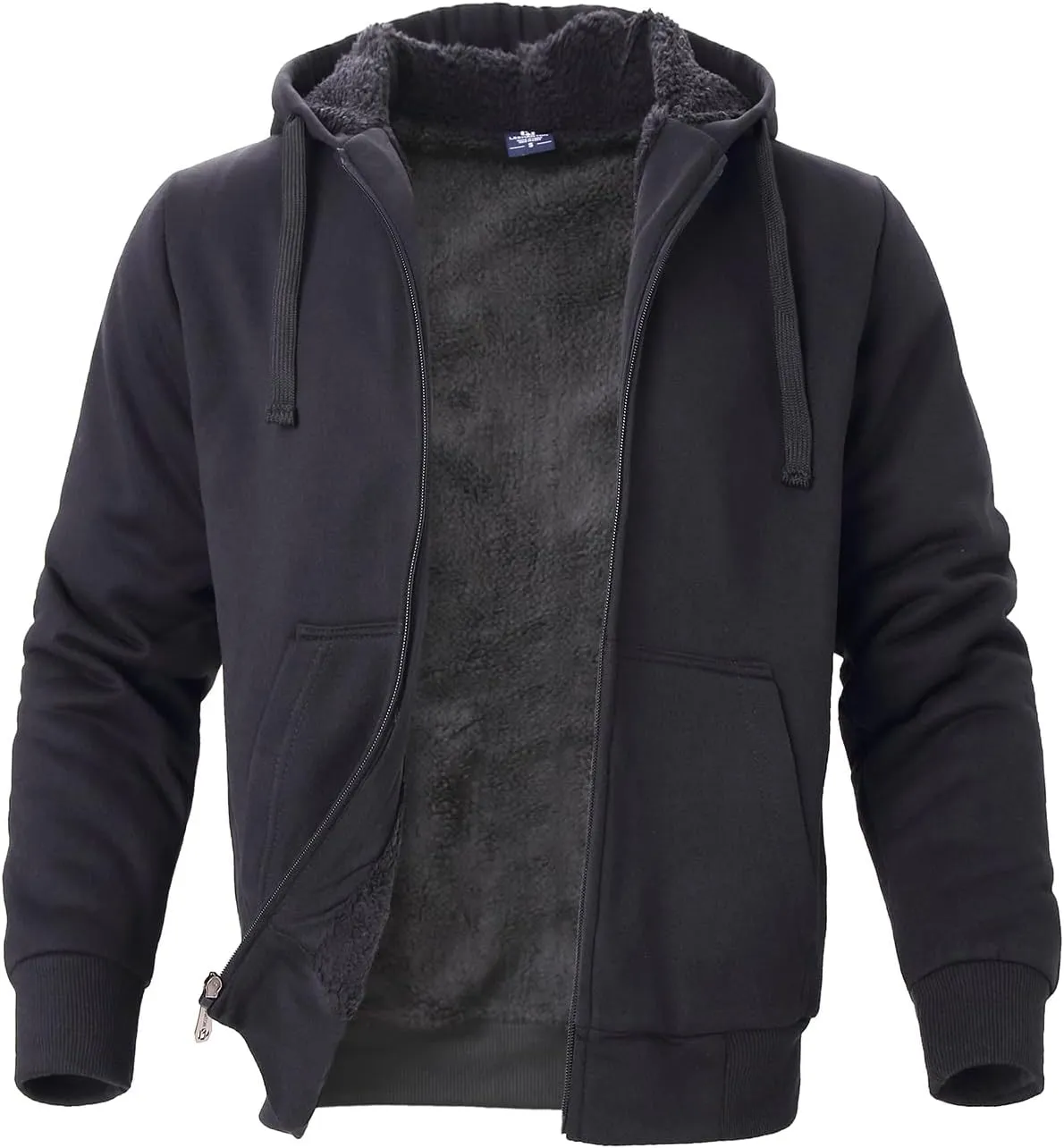 Men's Winter Jacket Heavyweight Fleece Hoodies Full Zip Up Sherpa Lined Fleece Sweatshirt Black Small