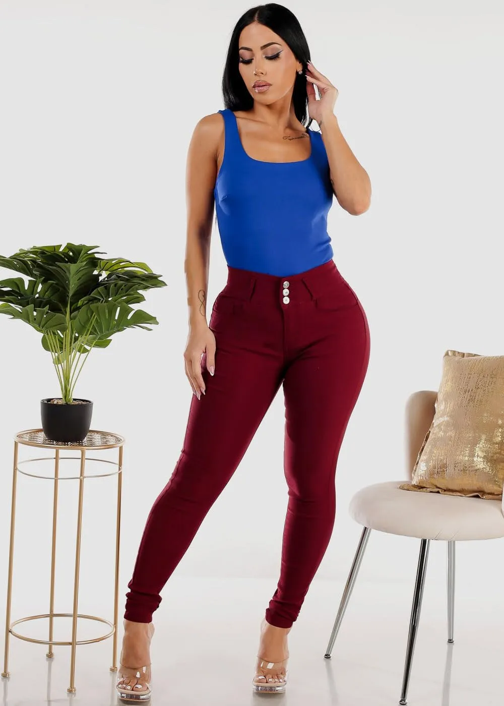 Moda Xpress Womens Juniors High Waisted Butt Lifting Navy Skinny Pants - Levantacola High Rise Pants