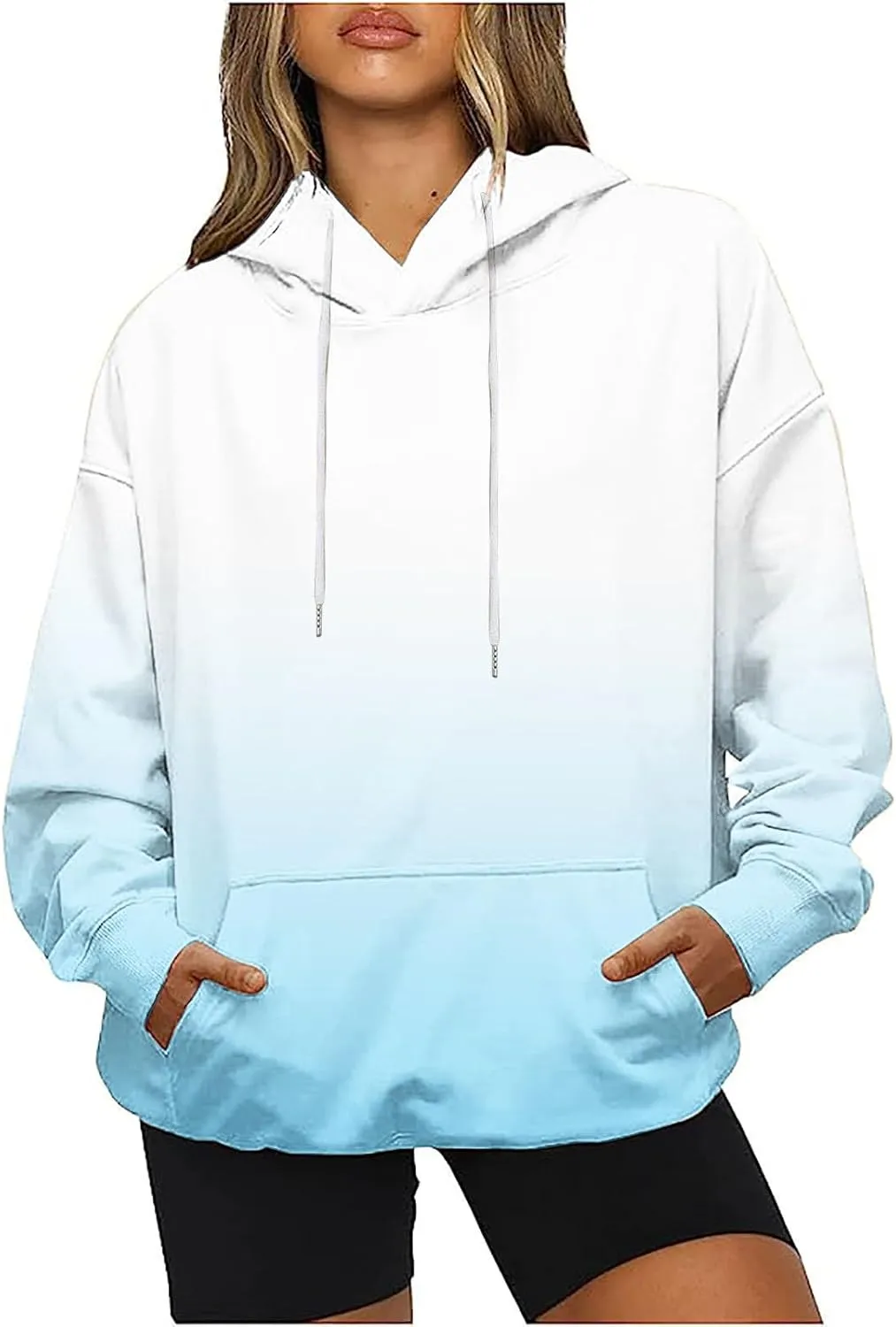 Oversized Sweatshirt For Women Tie Dye Crewneck Drawstring Pullover Hoodie Long Sleeve Gradient Color Block Tops