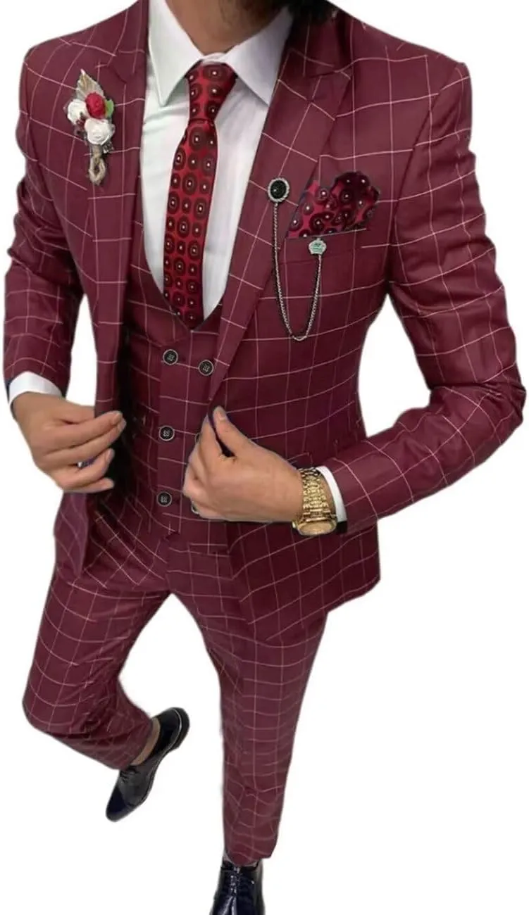 Plaid Suit for Men/Boy Slim Fit 3 Piece Checked Suits Formal Wedding Prom Dress Suits
