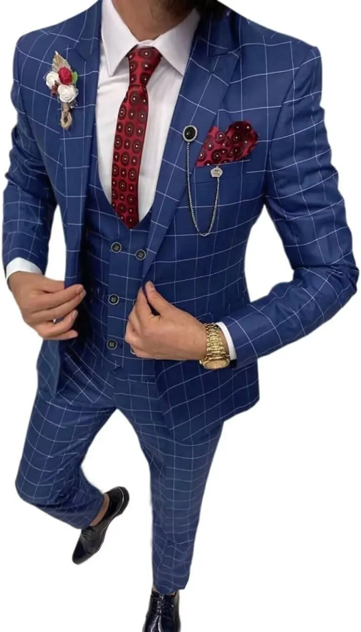 Plaid Suit for Men/Boy Slim Fit 3 Piece Checked Suits Formal Wedding Prom Dress Suits