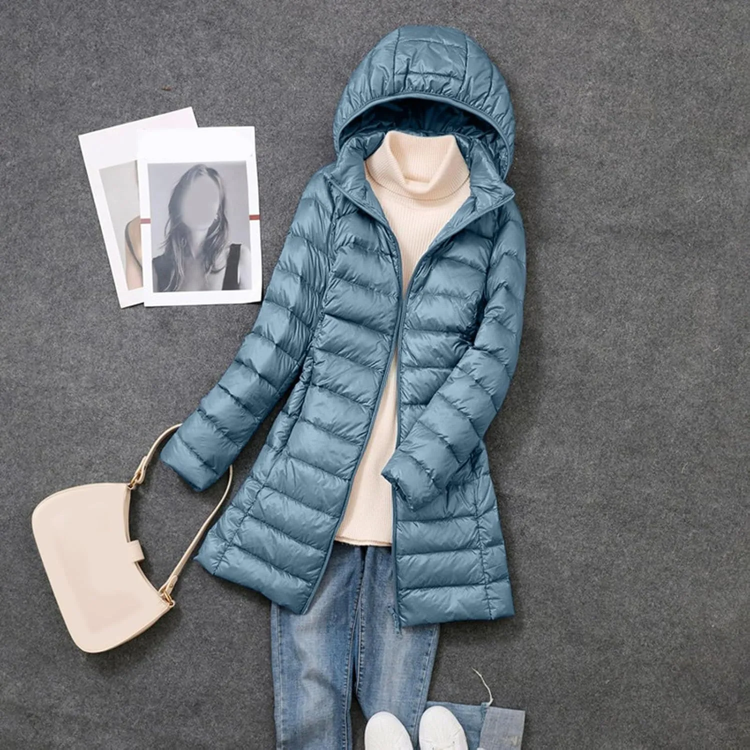 Plus Size Women Packable Down Quilted Jacket Lightweight Puffer Coat Long Warm Solid Waterproof Windproof Jackets with Hood