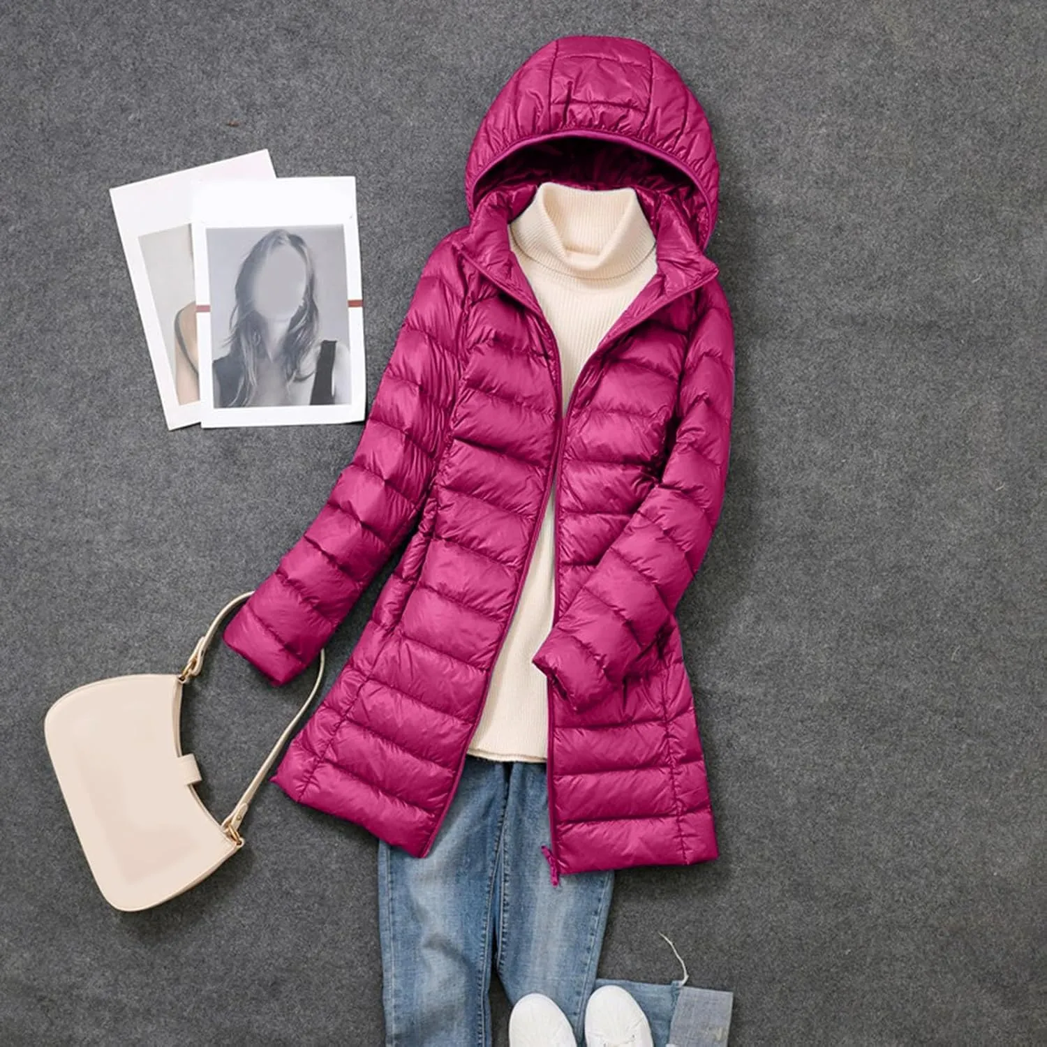 Plus Size Women Packable Down Quilted Jacket Lightweight Puffer Coat Long Warm Solid Waterproof Windproof Jackets with Hood