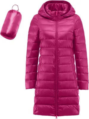 Plus Size Women Packable Down Quilted Jacket Lightweight Puffer Coat Long Warm Solid Waterproof Windproof Jackets with Hood