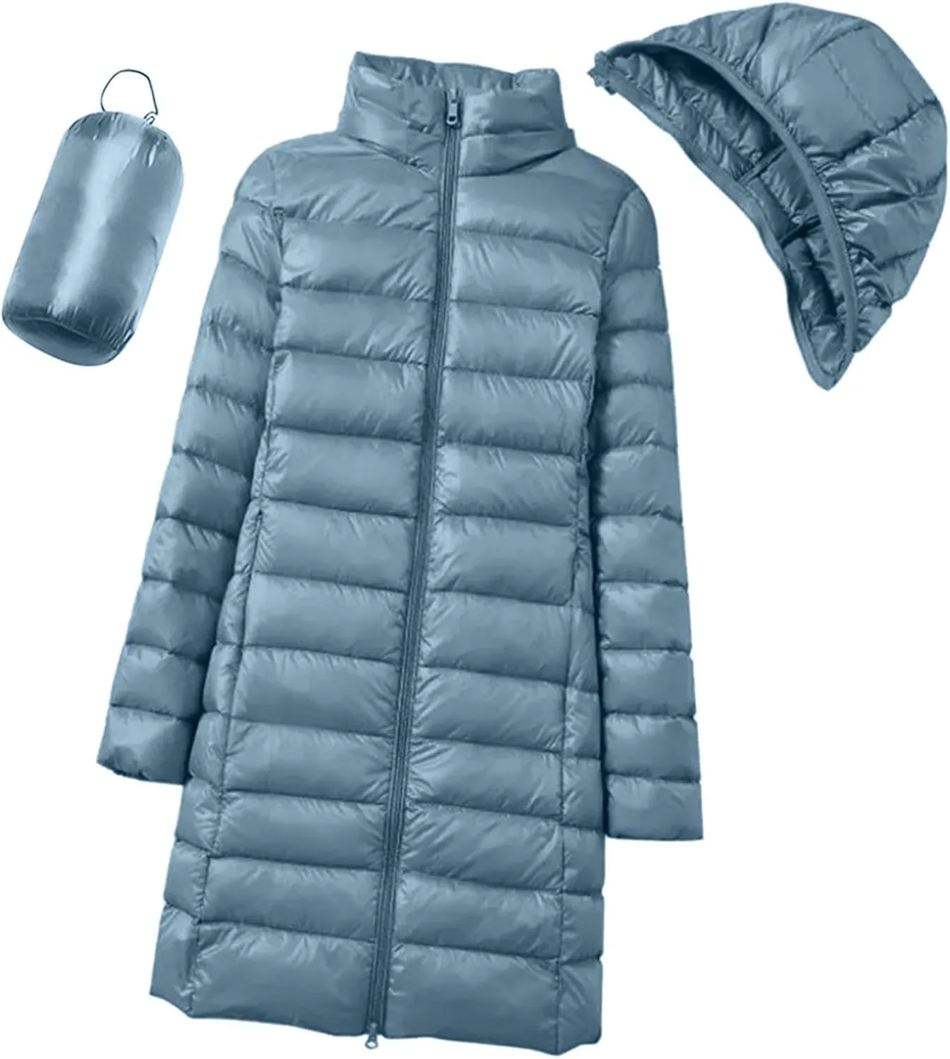 Plus Size Women Packable Down Quilted Jacket Lightweight Puffer Coat Long Warm Solid Waterproof Windproof Jackets with Hood