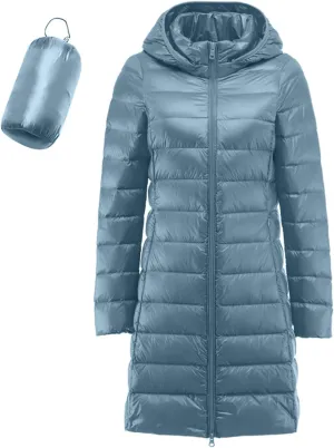 Plus Size Women Packable Down Quilted Jacket Lightweight Puffer Coat Long Warm Solid Waterproof Windproof Jackets with Hood