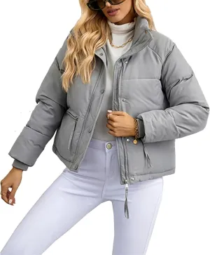 Puffer Jackets for Women Cropped Winter Down Coats Casual Winter Warm Outerwear with Side Zipper Pockets