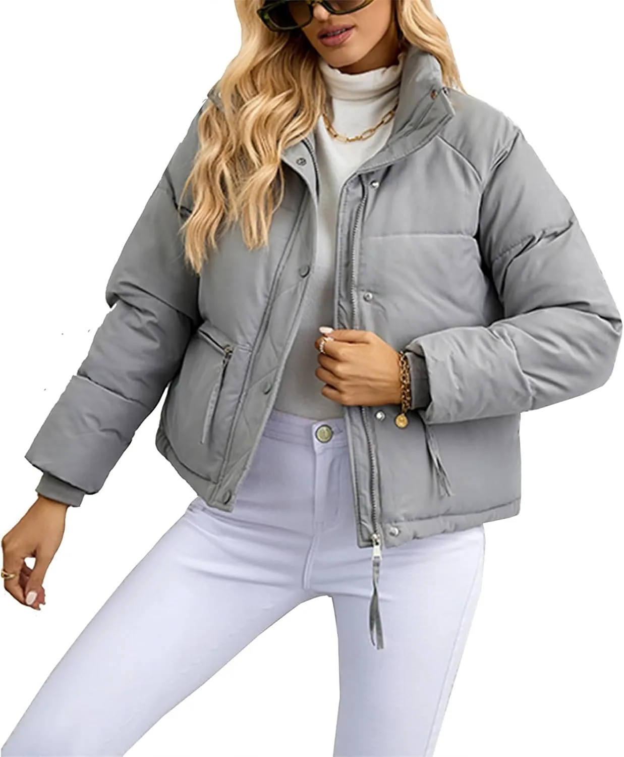 Puffer Jackets for Women Cropped Winter Down Coats Casual Winter Warm Outerwear with Side Zipper Pockets