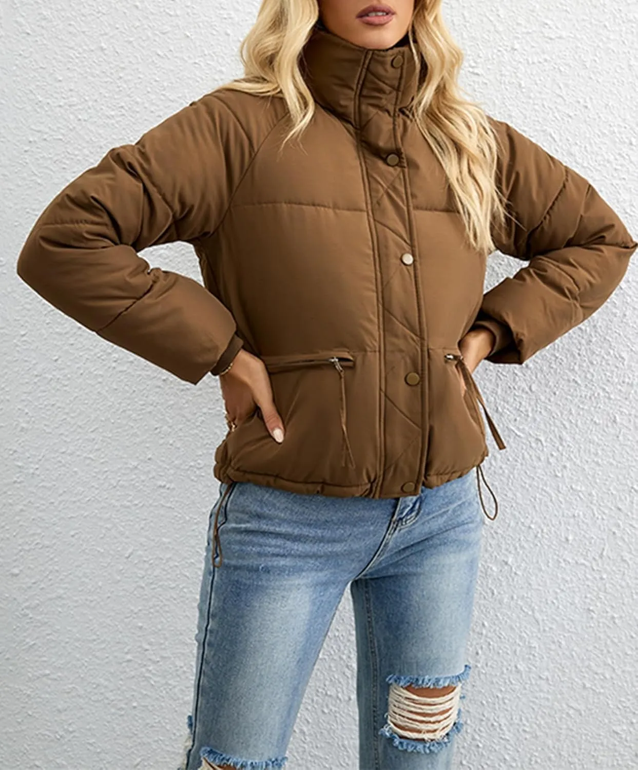 Puffer Jackets for Women Cropped Winter Down Coats Casual Winter Warm Outerwear with Side Zipper Pockets