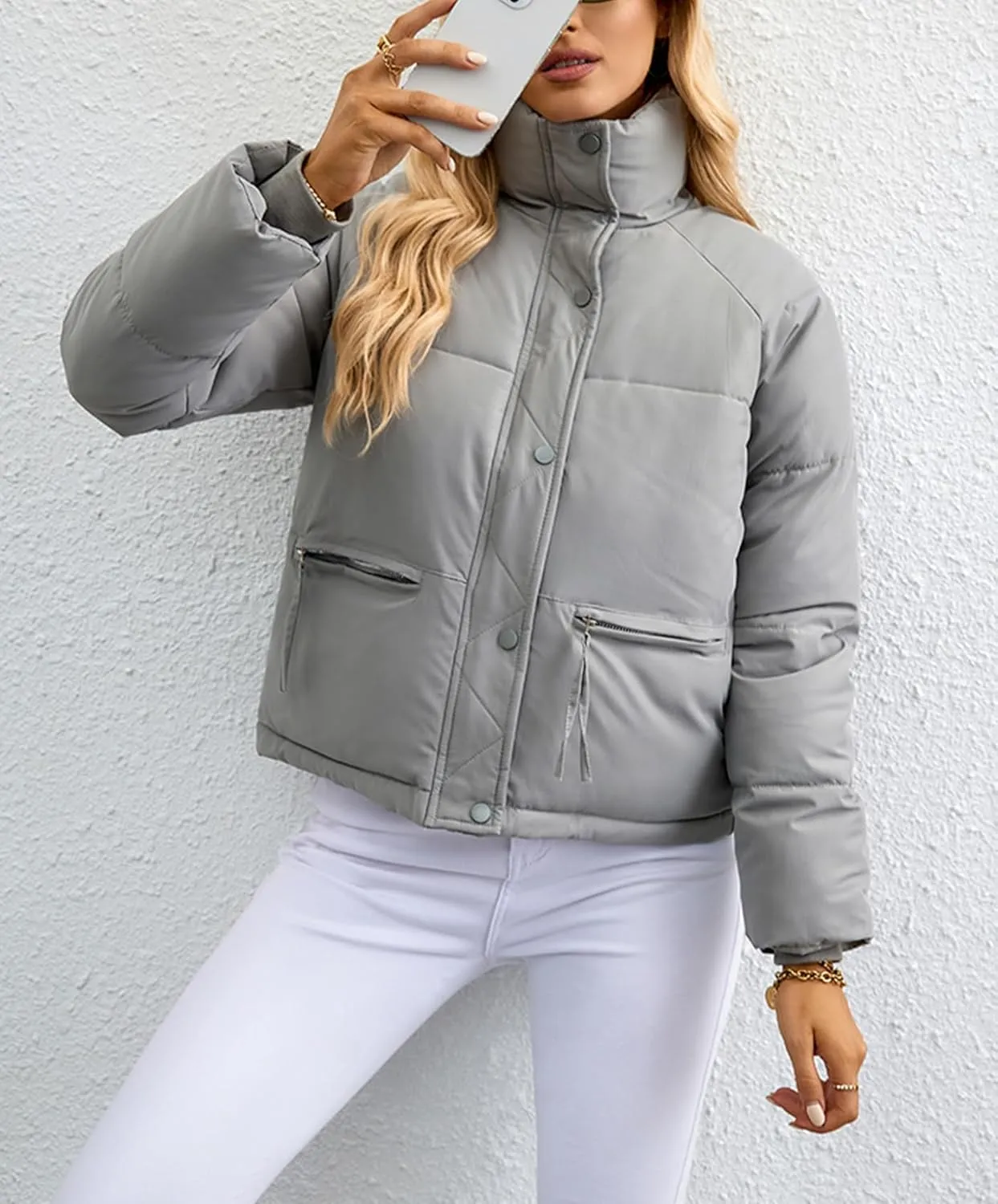 Puffer Jackets for Women Cropped Winter Down Coats Casual Winter Warm Outerwear with Side Zipper Pockets