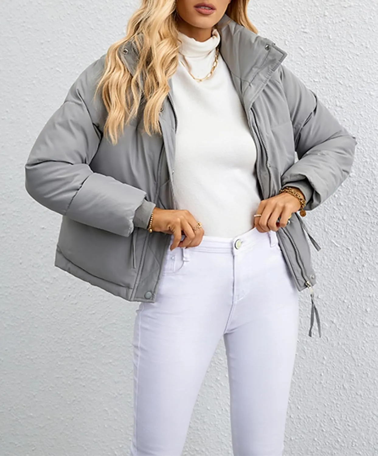 Puffer Jackets for Women Cropped Winter Down Coats Casual Winter Warm Outerwear with Side Zipper Pockets