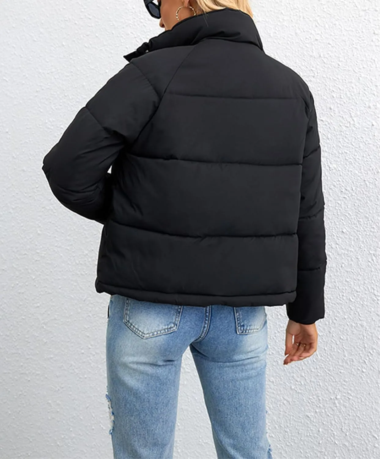 Puffer Jackets for Women Cropped Winter Down Coats Casual Winter Warm Outerwear with Side Zipper Pockets