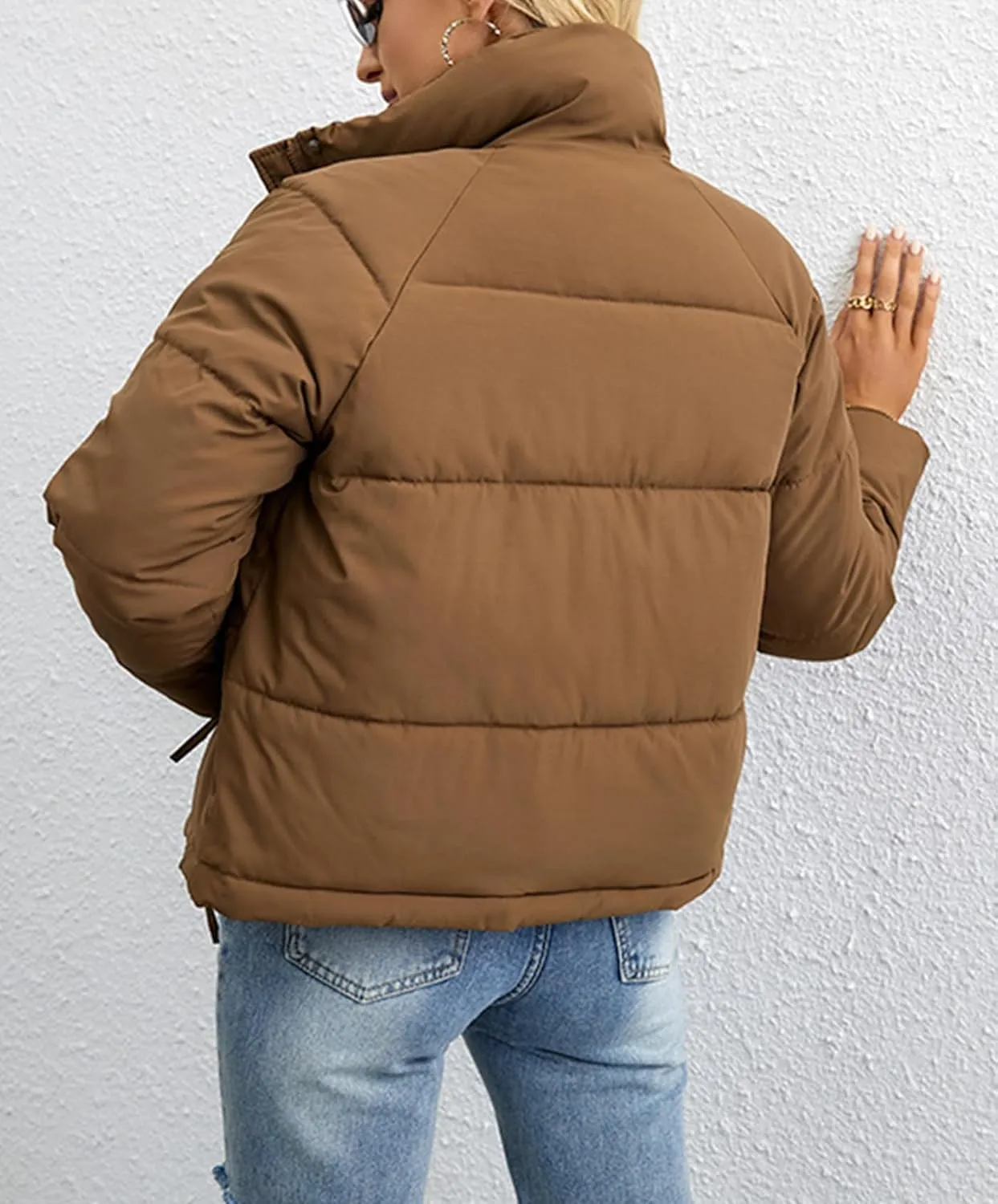 Puffer Jackets for Women Cropped Winter Down Coats Casual Winter Warm Outerwear with Side Zipper Pockets