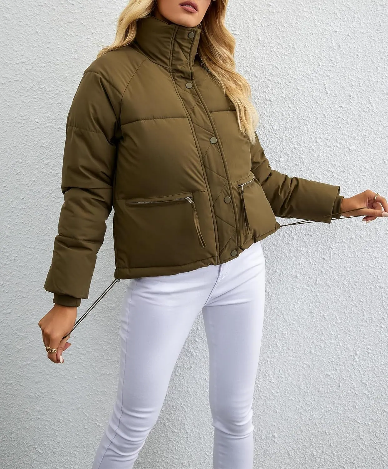 Puffer Jackets for Women Cropped Winter Down Coats Casual Winter Warm Outerwear with Side Zipper Pockets