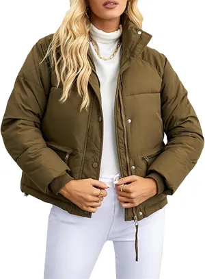 Puffer Jackets for Women Cropped Winter Down Coats Casual Winter Warm Outerwear with Side Zipper Pockets