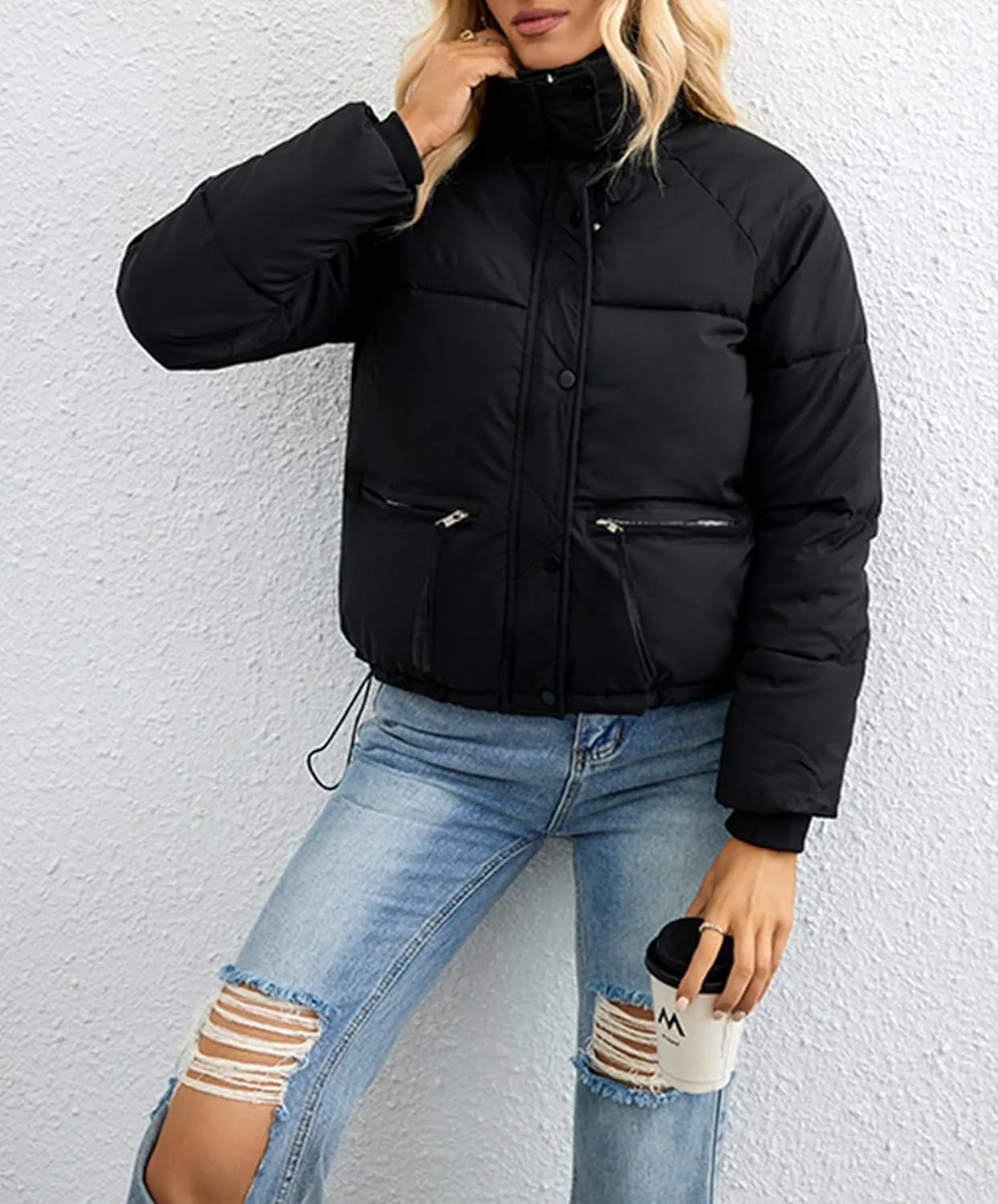 Puffer Jackets for Women Cropped Winter Down Coats Casual Winter Warm Outerwear with Side Zipper Pockets