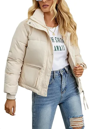 Puffer Jackets for Women Cropped Winter Down Coats Casual Winter Warm Outerwear with Side Zipper Pockets