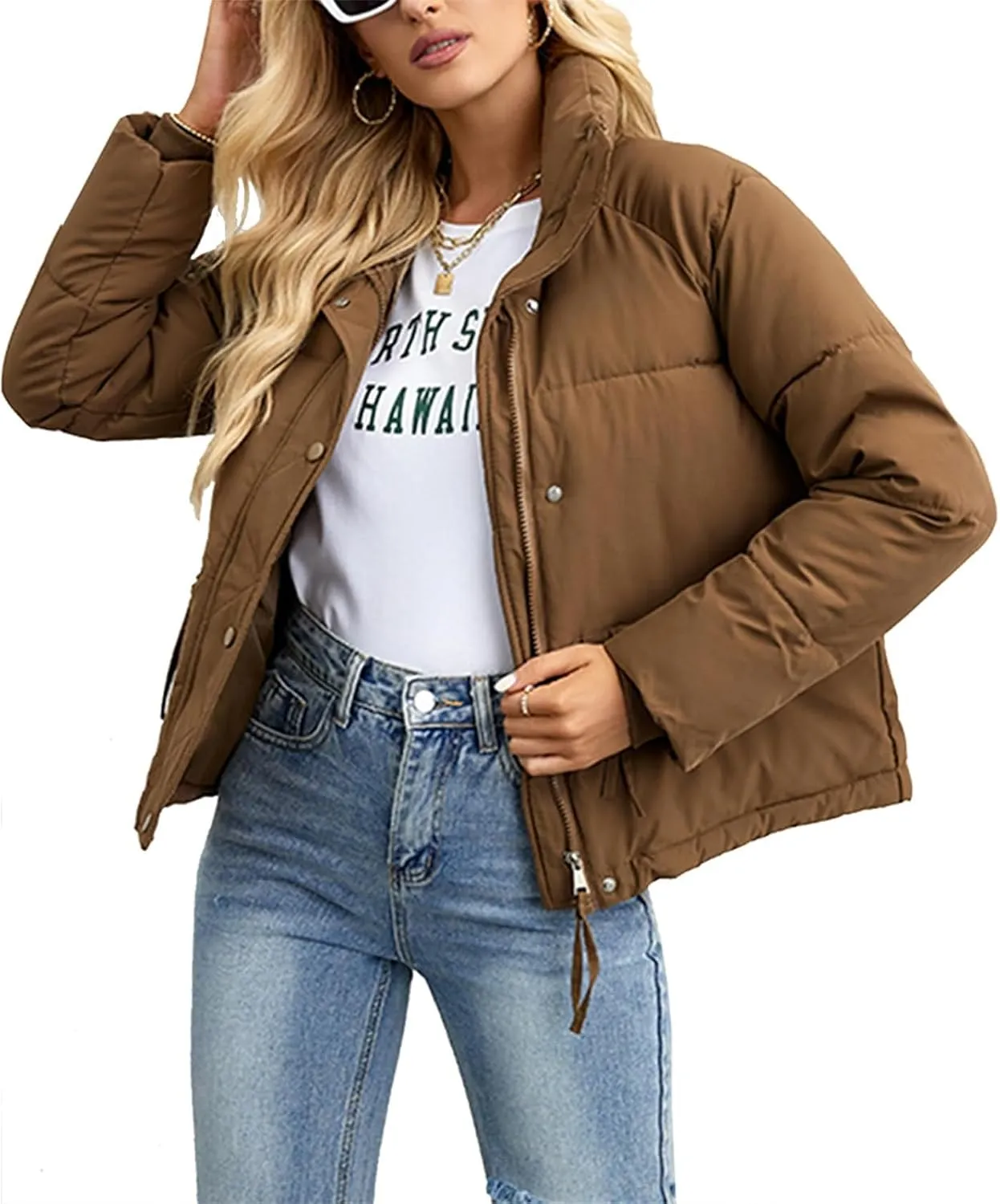 Puffer Jackets for Women Cropped Winter Down Coats Casual Winter Warm Outerwear with Side Zipper Pockets