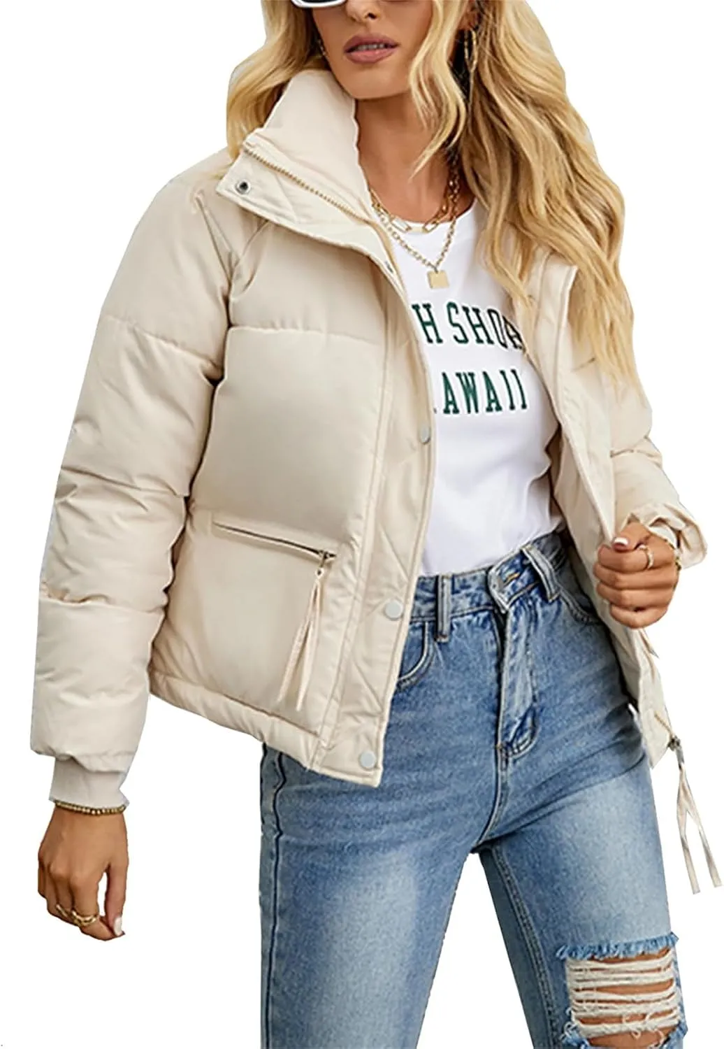 Puffer Jackets for Women Cropped Winter Down Coats Casual Winter Warm Outerwear with Side Zipper Pockets