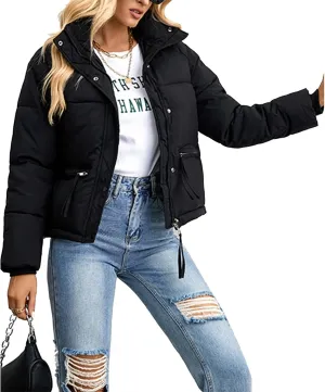 Puffer Jackets for Women Cropped Winter Down Coats Casual Winter Warm Outerwear with Side Zipper Pockets
