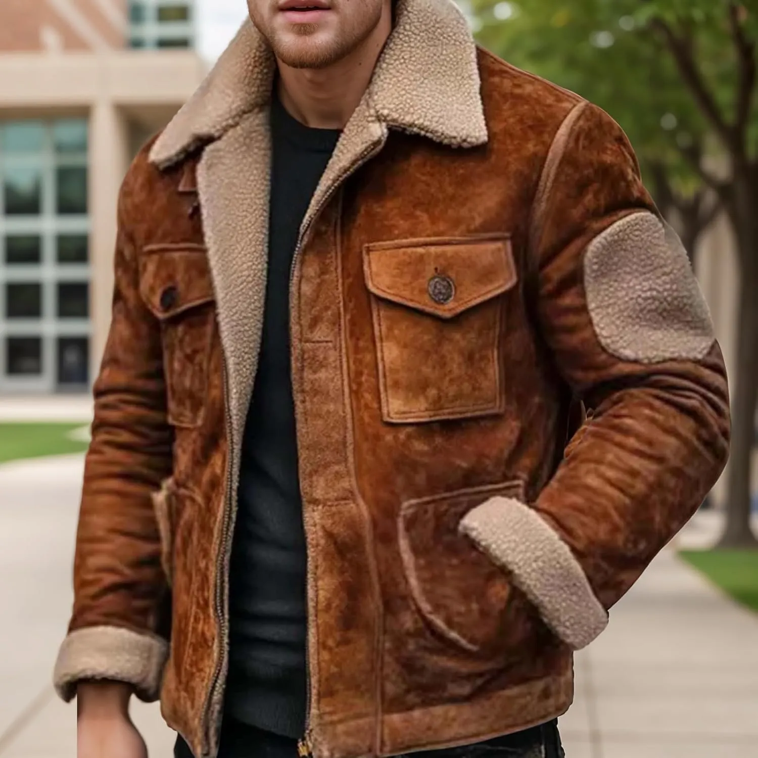 Sherpa Lined Leather Jacket for Men Faux Suede Fur Collar Jacket Windbreak Vintage Distressed Coat Tops with Pockets