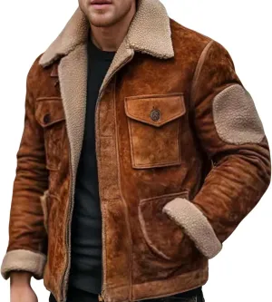 Sherpa Lined Leather Jacket for Men Faux Suede Fur Collar Jacket Windbreak Vintage Distressed Coat Tops with Pockets