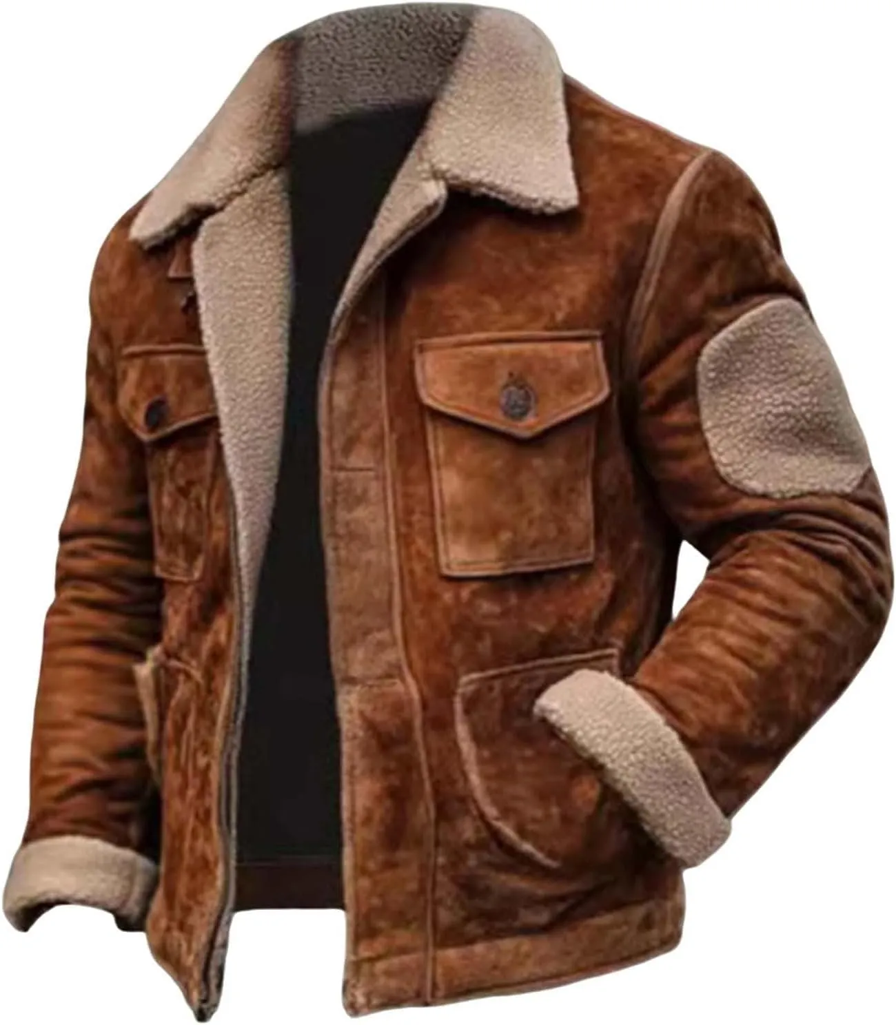 Sherpa Lined Leather Jacket for Men Faux Suede Fur Collar Jacket Windbreak Vintage Distressed Coat Tops with Pockets