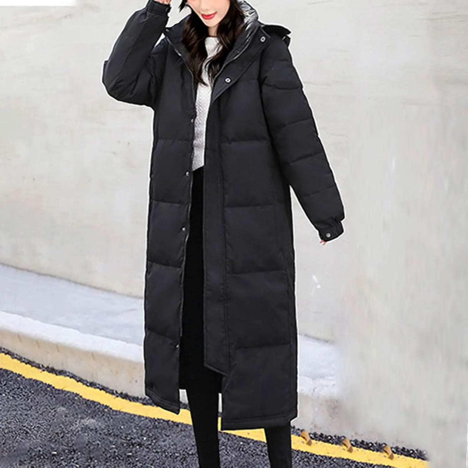 SMIDOW Womens Long Padded Puffer Coat Trendy 2023 Ladies Hooded Quilted Jackets Full Zip Up Parka Outwear With Pockets