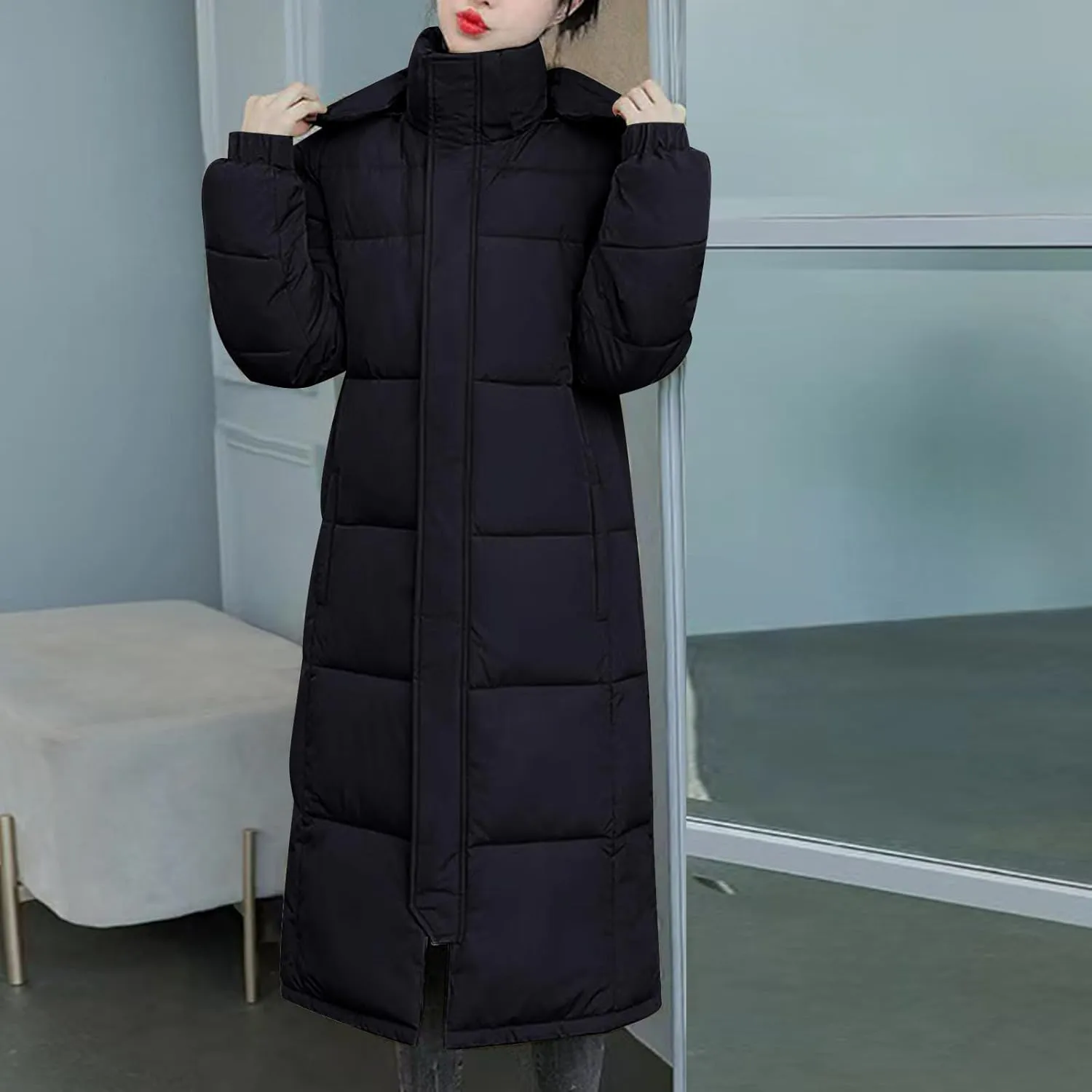 SMIDOW Womens Long Padded Puffer Coat Trendy 2023 Ladies Hooded Quilted Jackets Full Zip Up Parka Outwear With Pockets
