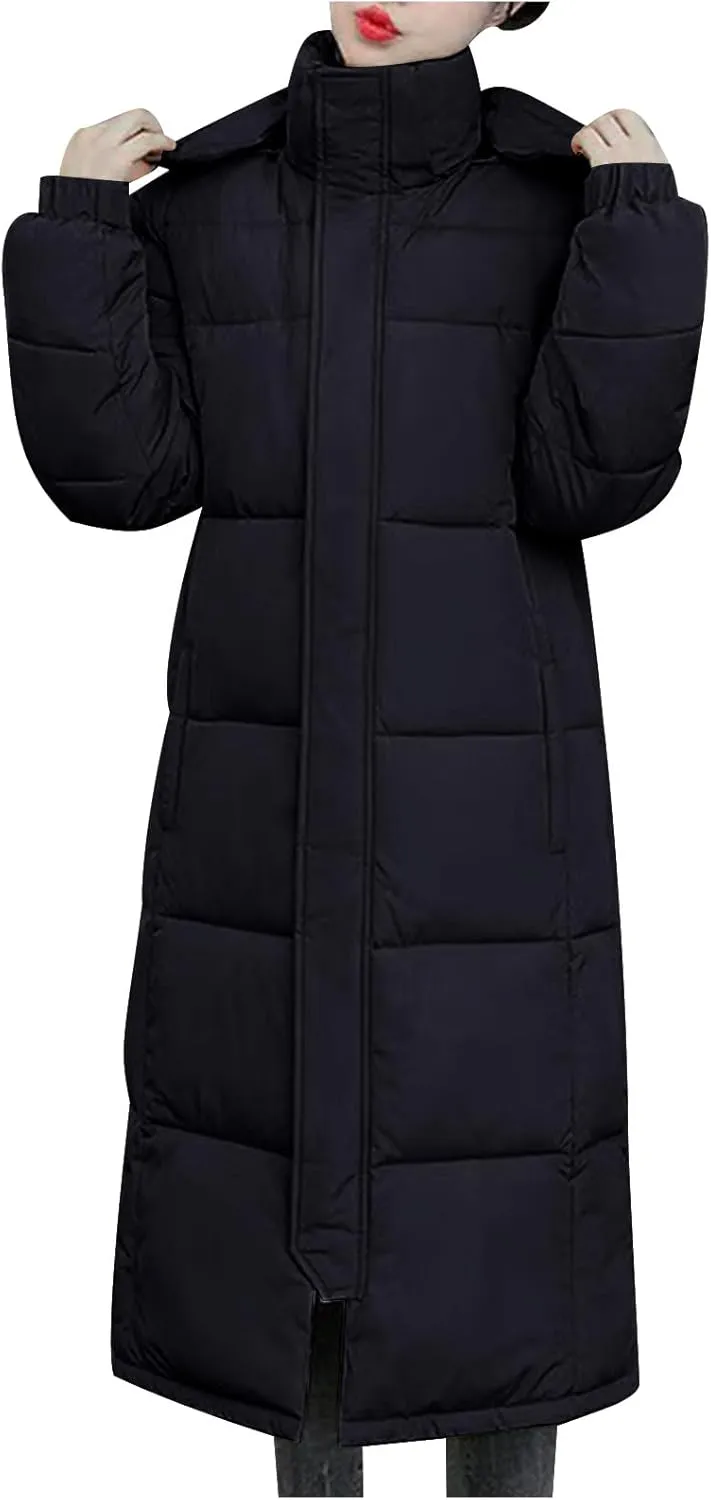 SMIDOW Womens Long Padded Puffer Coat Trendy 2023 Ladies Hooded Quilted Jackets Full Zip Up Parka Outwear With Pockets