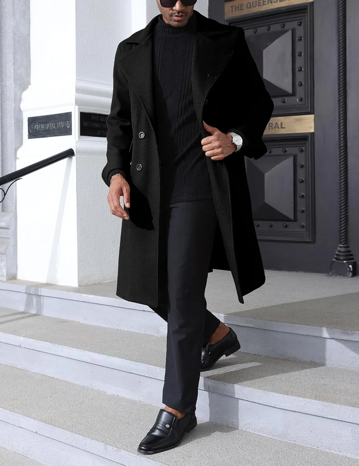 Springrain Men's Pea Coat Double Breasted Overcoat Lapel Coat Classic Long Trench Coat