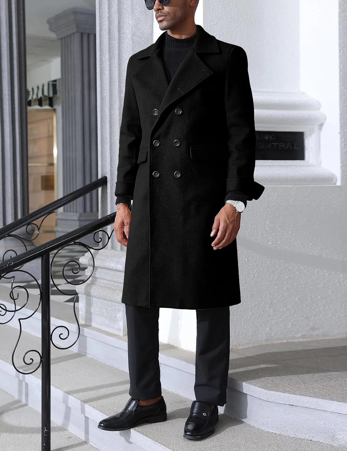 Springrain Men's Pea Coat Double Breasted Overcoat Lapel Coat Classic Long Trench Coat