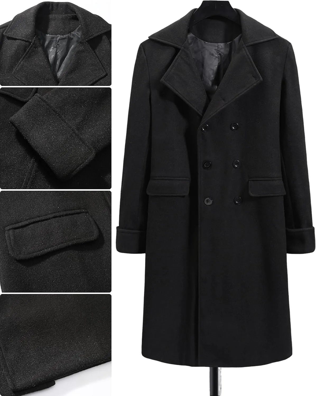 Springrain Men's Pea Coat Double Breasted Overcoat Lapel Coat Classic Long Trench Coat