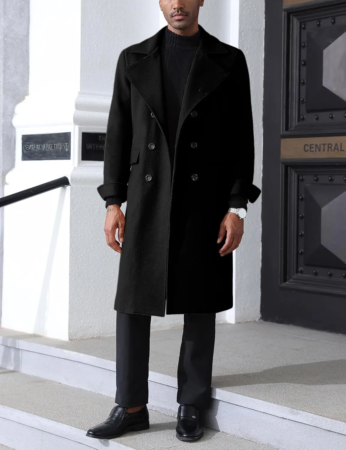 Springrain Men's Pea Coat Double Breasted Overcoat Lapel Coat Classic Long Trench Coat