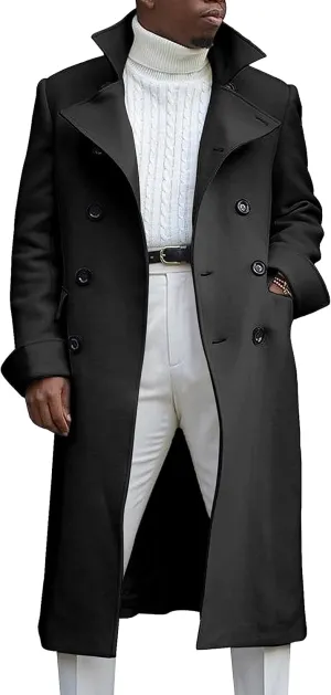 Springrain Men's Pea Coat Double Breasted Overcoat Lapel Coat Classic Long Trench Coat