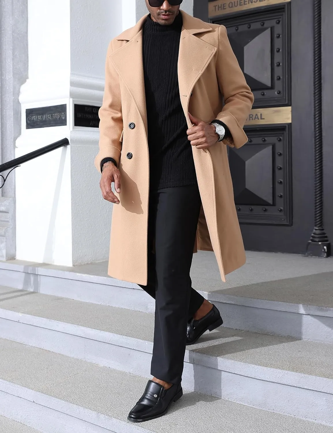 Springrain Men's Pea Coat Double Breasted Overcoat Lapel Coat Classic Long Trench Coat