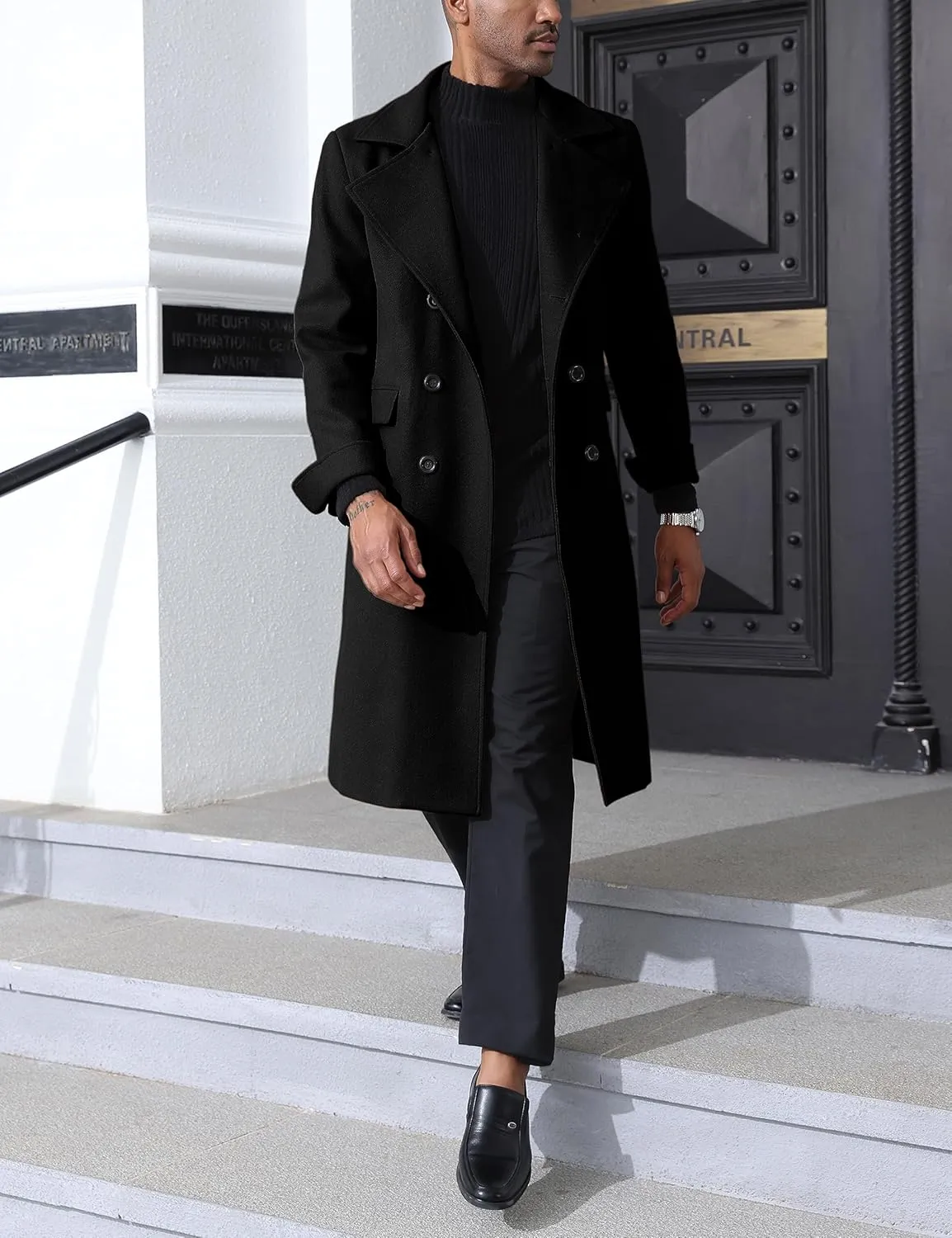 Springrain Men's Pea Coat Double Breasted Overcoat Lapel Coat Classic Long Trench Coat