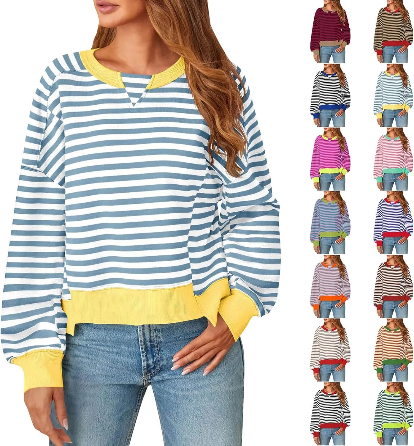Striped Color Block Cropped Sweatshirts for Women 2025 Fall Oversized Crewneck Long Sleeve Sweater Y2K Shirt Tops