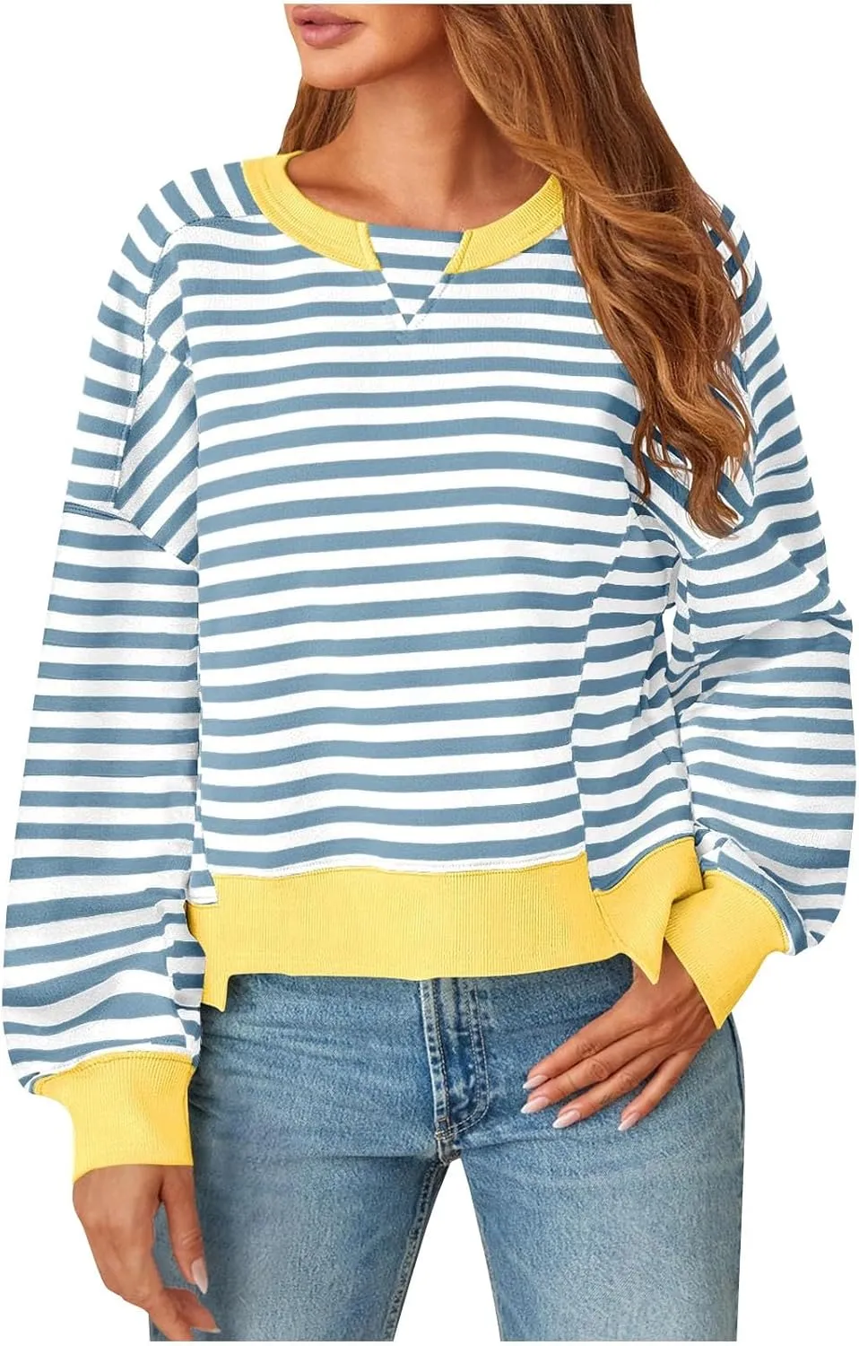 Striped Color Block Cropped Sweatshirts for Women 2025 Fall Oversized Crewneck Long Sleeve Sweater Y2K Shirt Tops