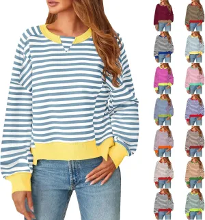 Striped Color Block Cropped Sweatshirts for Women 2025 Fall Oversized Crewneck Long Sleeve Sweater Y2K Shirt Tops