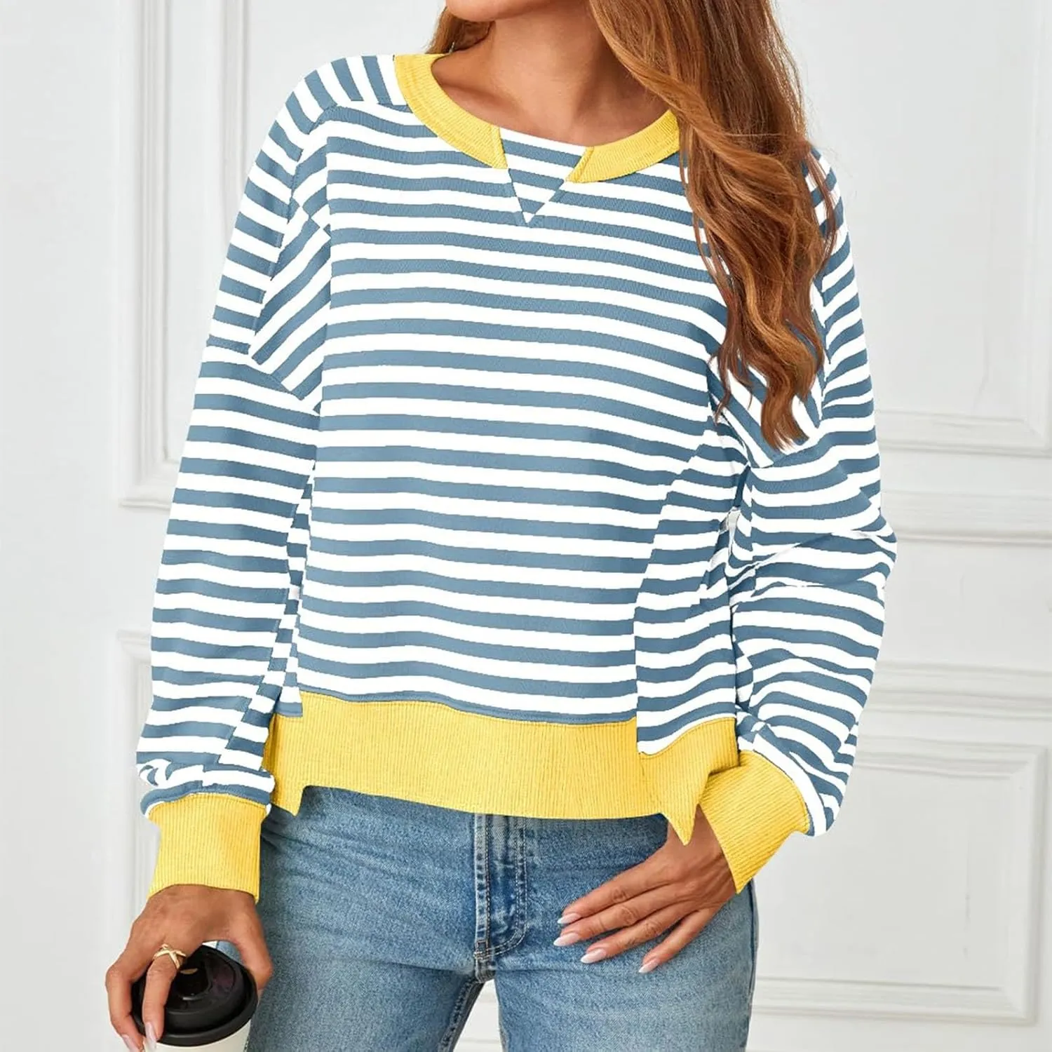 Striped Color Block Cropped Sweatshirts for Women 2025 Fall Oversized Crewneck Long Sleeve Sweater Y2K Shirt Tops