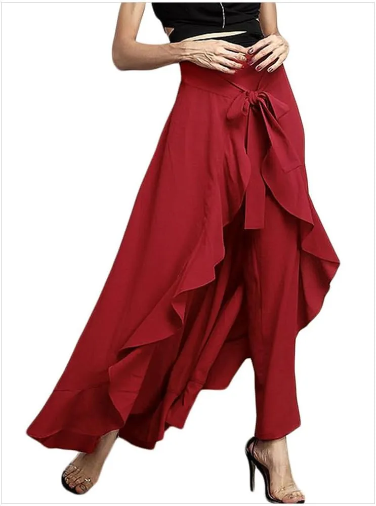 utcoco Women's 2025 Trendy Casual Chiffon Elastic High Waist Pants Culottes Tie Front Ruffle Boho Flowy Maxi Skirts