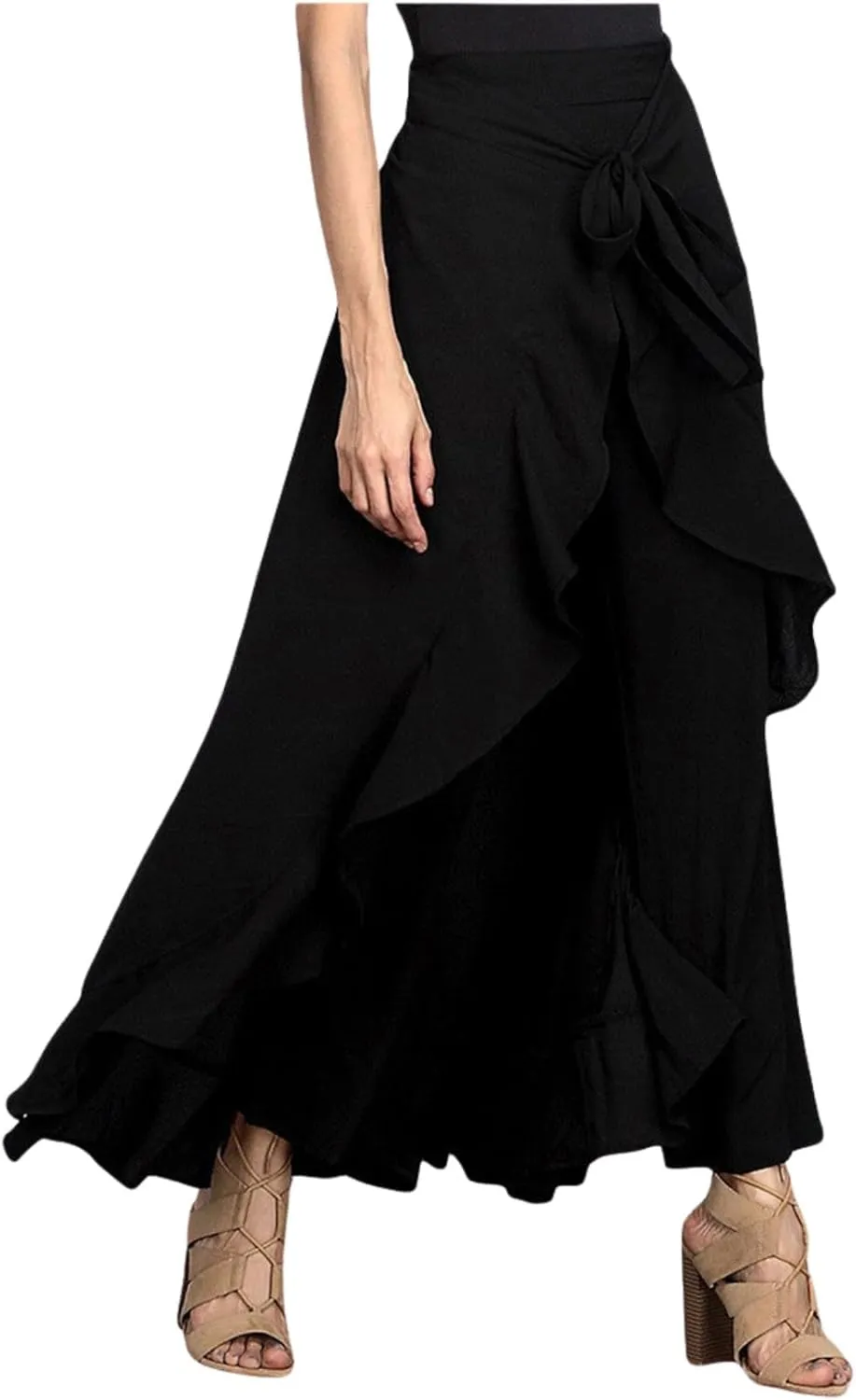 utcoco Women's 2025 Trendy Casual Chiffon Elastic High Waist Pants Culottes Tie Front Ruffle Boho Flowy Maxi Skirts