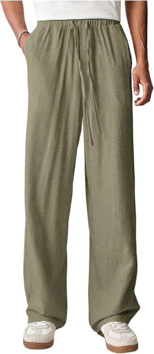 Verdusa Men's Elastic Waist Linen Pants Straight Leg Loose Trousers with Pockets